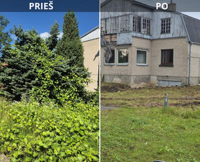 Prieš ir po: krūmų šalinimas prie pastato
